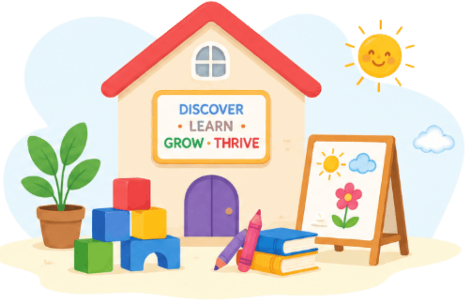 DiscoveryPlayschool day care center illustration with schoolhouse, blocks, and art easel